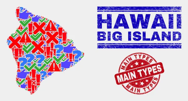 Composição do Havaí Big Island Mapa sinal Mosaico e angústia Tipos principais Selo —  Vetores de Stock