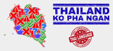 Ko Pha Ngan Haritası Sembol Mozaik ve Grunge Taydili Filigran Kolajı