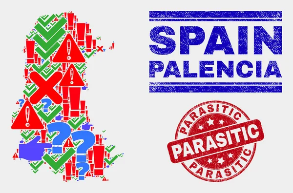Colagem de Palencia Mapa da Província Símbolo Mosaico e Distúrbio Selo parasitário — Vetor de Stock