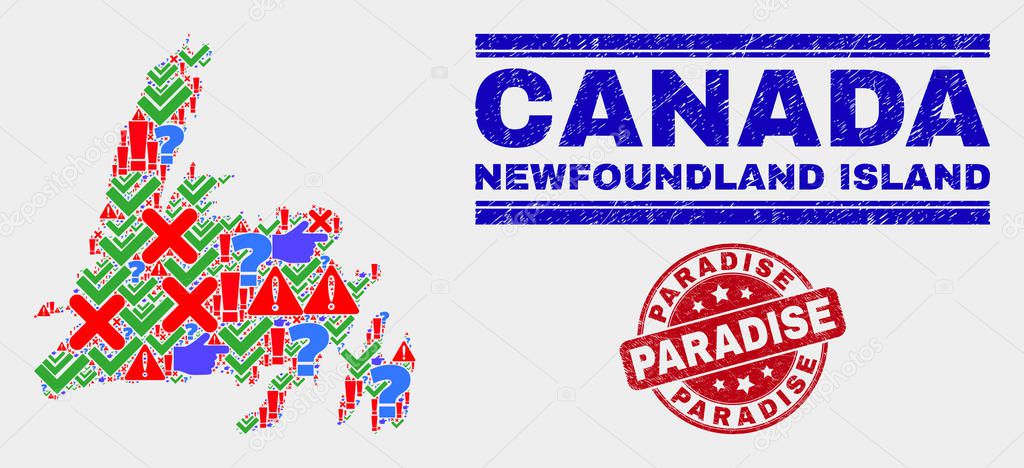 Composition of Newfoundland Island Map Symbol Mosaic and Distress Paradise Stamp Seal