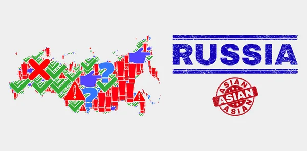 Collage de la Russie Carte Signe Mosaïque et Sceau asiatique rayé — Image vectorielle