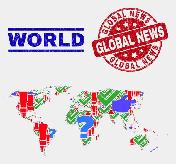 Collage van wereld kaart symbool mozaïek en grunge Global News Seal — Stockvector