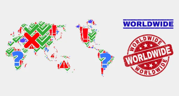 Collage of Worldwide Map Symbol Mosaic and Distress Worldwide Stamp Seal