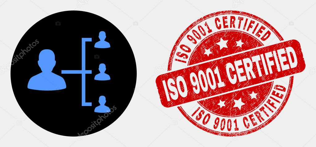 Vector People Hierarchy Icon and Scratched ISO 9001 Certified Stamp