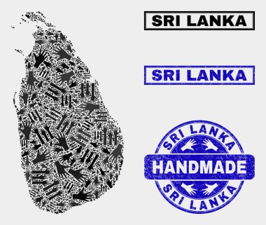 Sri Lanka Haritası ve Grunge Damgası El Yapımı Kolaj