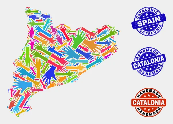 Composição manual do mapa da Catalunha e selos artesanais raspados —  Vetores de Stock