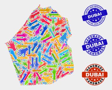 Dubai Emirlik Haritası ve Dokulu El Yapımı Pulların El Kolajı