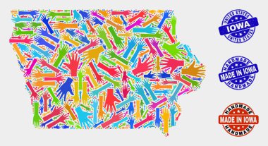 Iowa Devlet Haritası ve Dokulu El Yapımı Mühürler El Kolaj