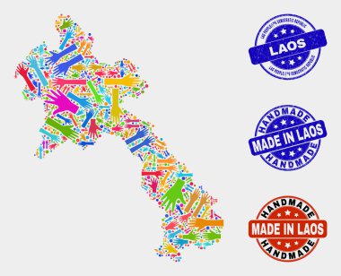 Laos Haritası ve Dokulu El Yapımı Pulların El Kompozisyonu