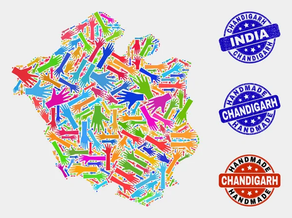 Collage de mano del mapa de la ciudad de Chandigarh y sellos hechos a mano rayados — Vector de stock
