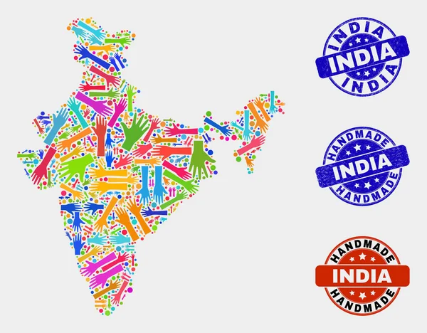 Collage de mano de la India Mapa y arañazos Sellos hechos a mano — Vector de stock