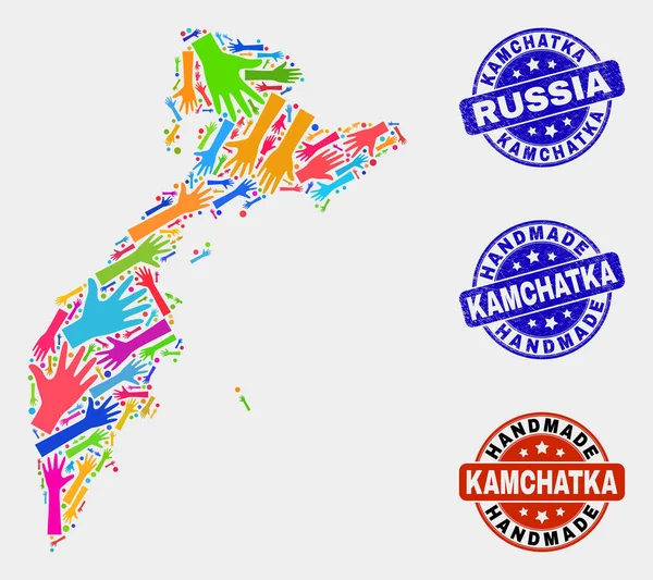 Collage de mano de Kamchatka Mapa y sellos hechos a mano texturizados — Archivo Imágenes Vectoriales