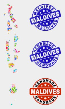 El Kolaj Maldivler Harita ve Grunge El Yapımı Pullar