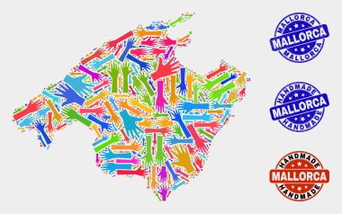 Mallorca Haritası ve Grunge El Yapımı Pulların El Kolajı