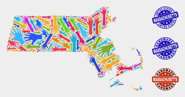 Massachusetts Eyalet Haritası el kolaj ve Çizik El Yapımı Pullar