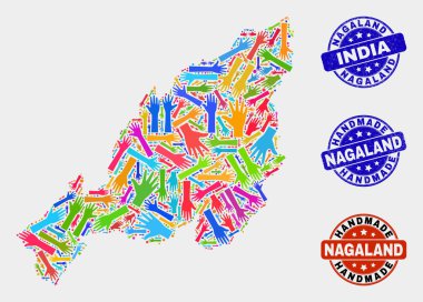 Nagaland Devlet Haritası ve Çizik El Yapımı Mühürler El Kolaj