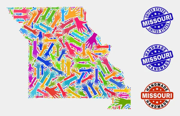Handcollage aus Missouri State Map und texturierten handgefertigten Briefmarken — Stockvektor