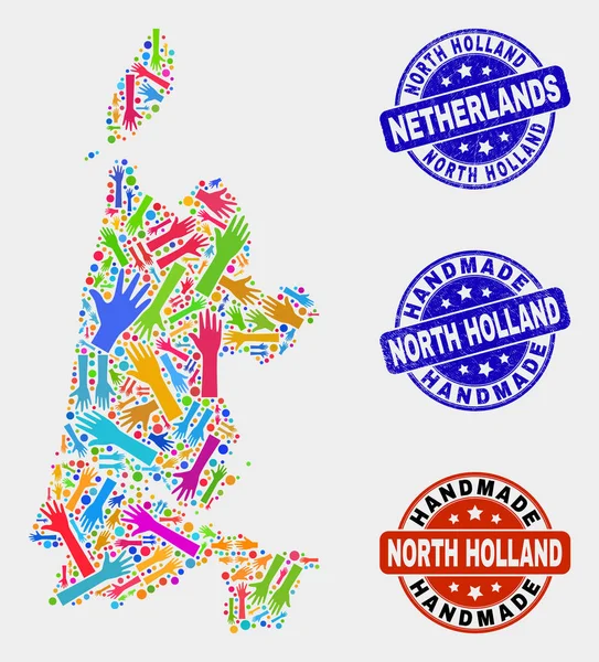 Colagem manual da Holanda do Norte Mapa e carimbos artesanais de angústia — Vetor de Stock