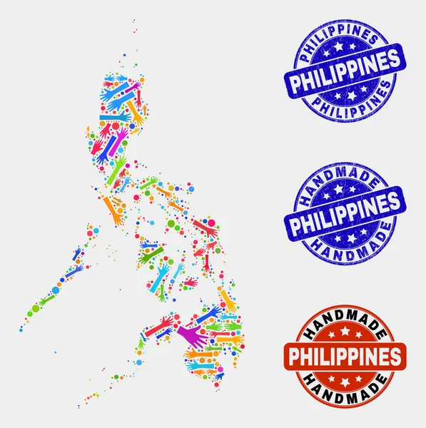 Composizione a mano della mappa di Filippine e sigilli fatti a mano graffiati — Vettoriale Stock