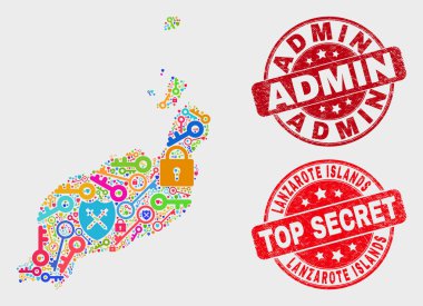 Guard Lanzarote Adaları Haritası ve Grunge Admin Seal Kompozisyon