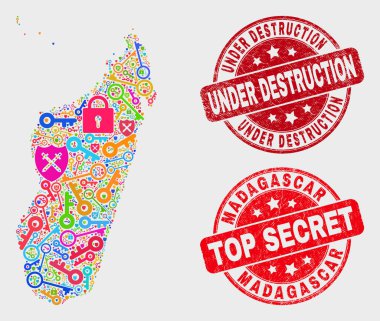 Güvenli Madagaskar Adası Haritası ve Yıkım Filigranı Altında Sıkıntı Kolajı