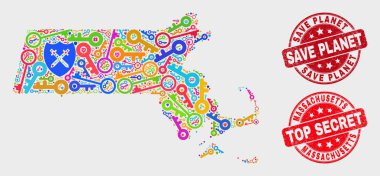 Güvenli Massachusetts Eyalet Haritası ve Çizik Save Planet Damga Kolaj