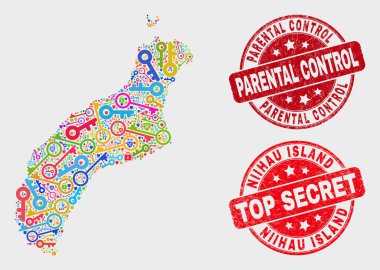 Key Niihau Adası Haritası ve Grunge Ebeveyn Kontrol Damgası Kompozisyonu