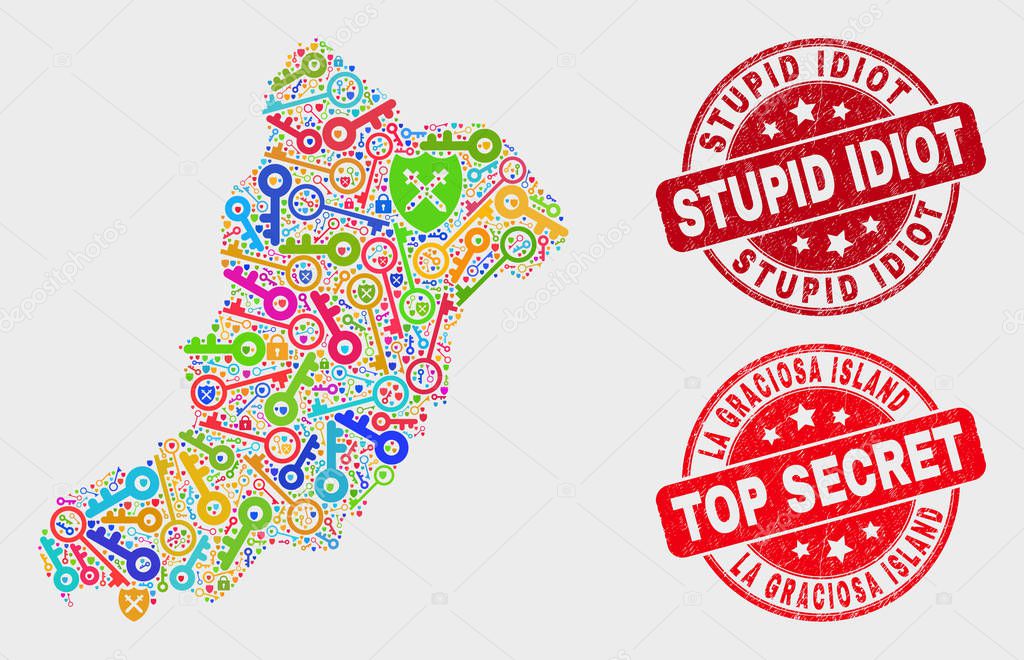 Collage of Secret La Graciosa Island Map and Grunge Stupid Idiot Stamp Seal