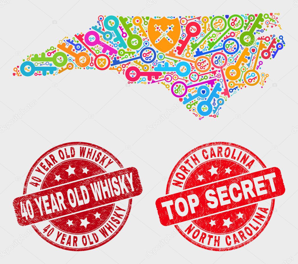 Safety North Carolina State Map And Seal Stamps Red Round Top Secret And 40 Year Old Whisky Grunge Seal Stamps Bright North Carolina State Map Mosaic Of Different Safeguard Symbols Premium