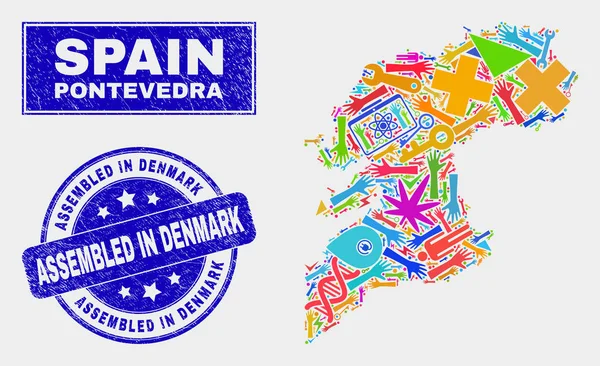 Mapa da província de Pontevedra e Grunge de tecnologia mosaica montados na Dinamarca Selo — Vetor de Stock