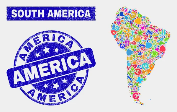 Mosaic Technology América del Sur Mapa y Grunge America Sellos — Archivo Imágenes Vectoriales