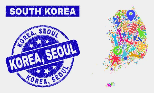 Collage service Zuid-Korea kaart en gekrast Korea, Seoul stempel — Stockvector