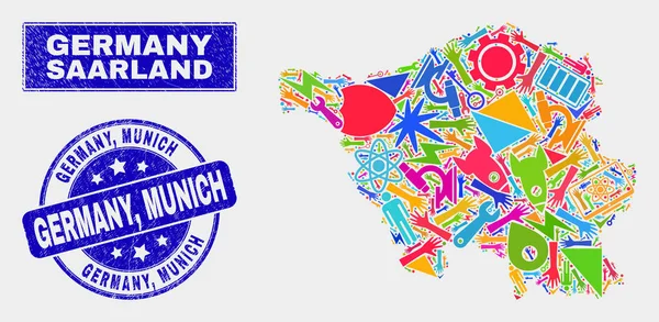 Collage teknik Saarland land karta och repad Tyskland, Munich Seal — Stock vektor