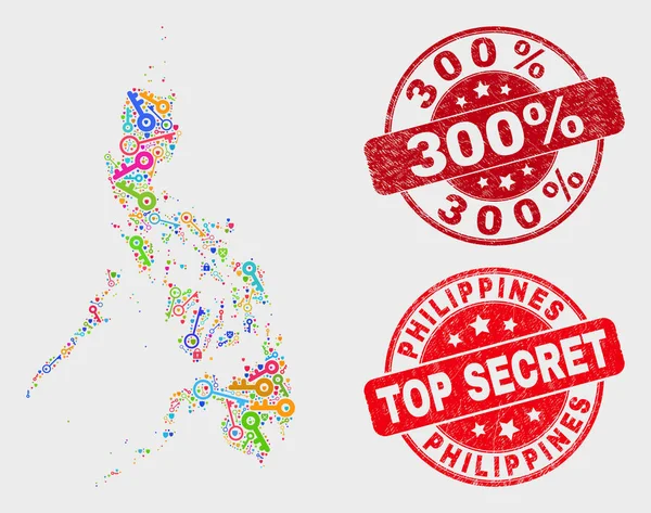 拼贴隐私菲律宾地图和困境 300% 密封 — 图库矢量图片