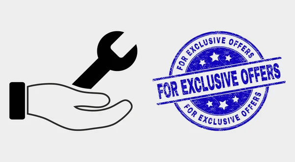 Vector javítás kéz ikon és vészjelző az Exkluzív ajánlatok Stamp — Stock Vector