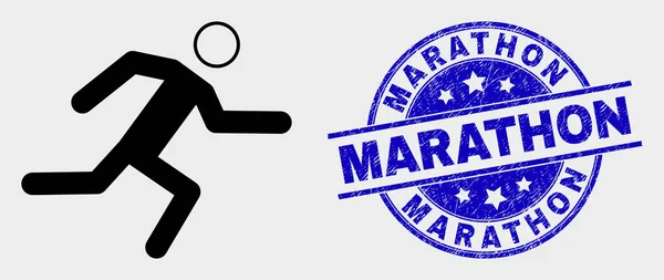 Vector Running Man Icon and Distress Marathon Stamp Seal — Stock Vector