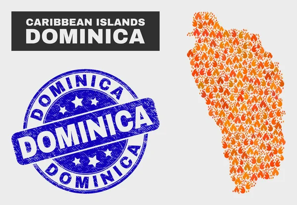 Flame Mosaic Dominica Island Mapa y Grunge Dominica Marca de agua — Vector de stock