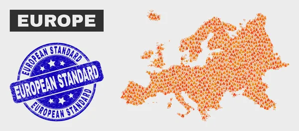 Flamme Mosaïque Europe Carte et détresse Norme européenne filigrane — Image vectorielle