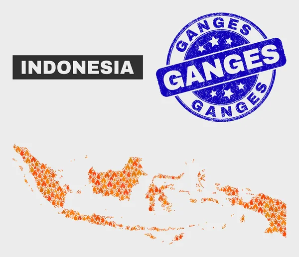 Wildfire Mosaic Indonesia Peta dan Distress Ganges Watermark - Stok Vektor