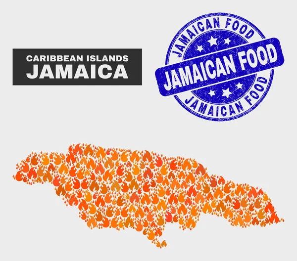 Ateş Mozaik Jamaika Haritası ve Sıkıntı Jamaika Gıda Damga Mühür — Stok Vektör