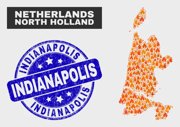 Mapa de Wildfire Mosaic North Holland e selo Grunge Indianapolis — Vetor de Stock