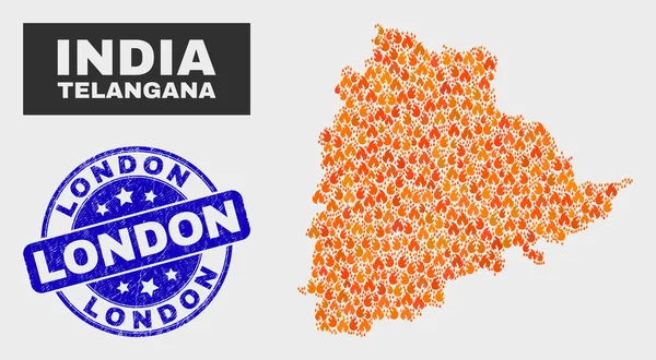 Wildfire Mosaic Telangana State Map y Grunge London Watermark — Vector de stock