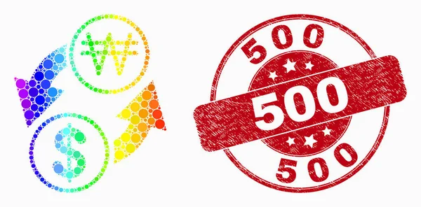 Vector Spectrum Dot Dollar Exchange Korean Won Ícone e Distress 500 Watermark — Vetor de Stock