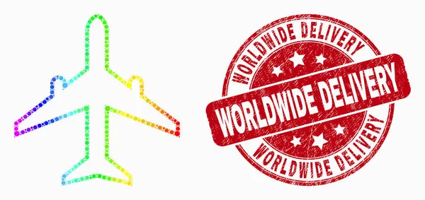 Arc-en-ciel vectoriel couleur pointillé avion icône et Grunge dans le monde entier timbre de livraison sceau — Image vectorielle