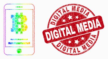 Vektör Parlak Noktalı Bitcoin Mobil Hesap Simgesi ve Grunge Dijital Medya Damga Seal