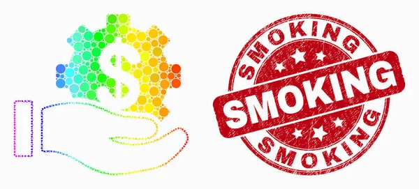 Vetor arco-íris colorido Pixelated serviço financeiro oferecer mão ícone e riscado fumar carimbo —  Vetores de Stock
