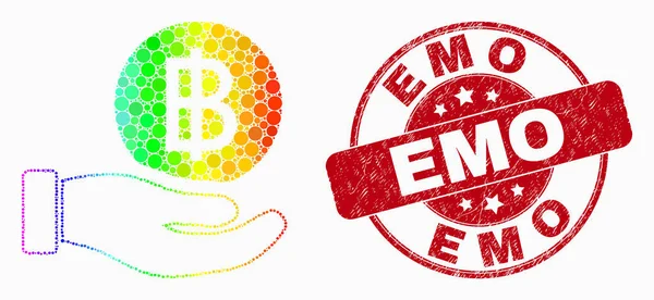 Vector regenboog gekleurde stip hand bieden Bitcoin pictogram en nood emo watermerk — Stockvector