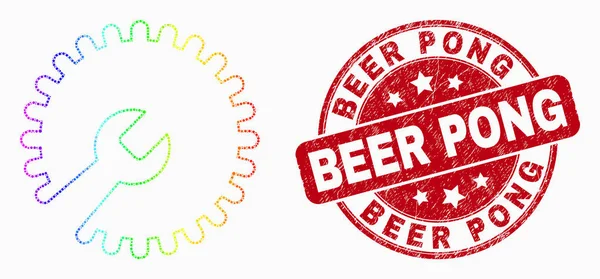 Vector regenboog gekleurde pixelated reparatie moersleutel pictogram en bekrast bier pong stempel — Stockvector