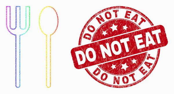 Vector Spectral Dotted Spoon and Fork Icon and Scratched Do Not Eat Stamp - Stok Vektor