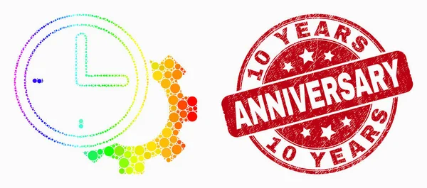 Vector Spectral Dot Ajustes de tiempo Icono del engranaje y angustia Sello de aniversario de 10 años — Vector de stock